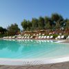 Piscina circondata da lettini bianchi e decorazioni colorate, alberi sullo sfondo.